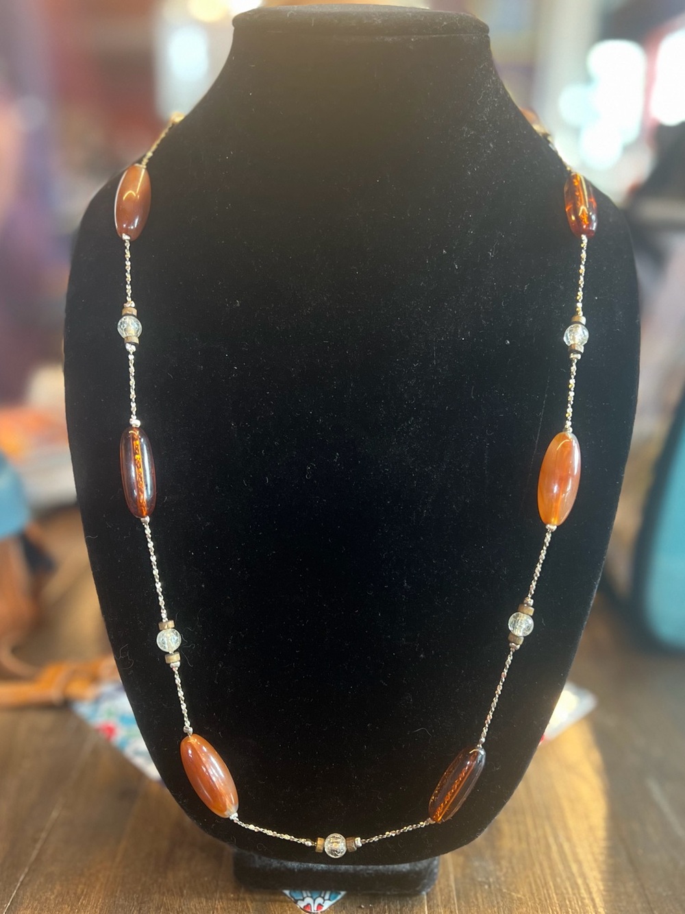 Warm Brown Bead Long Necklace with Subtle Silver Accents